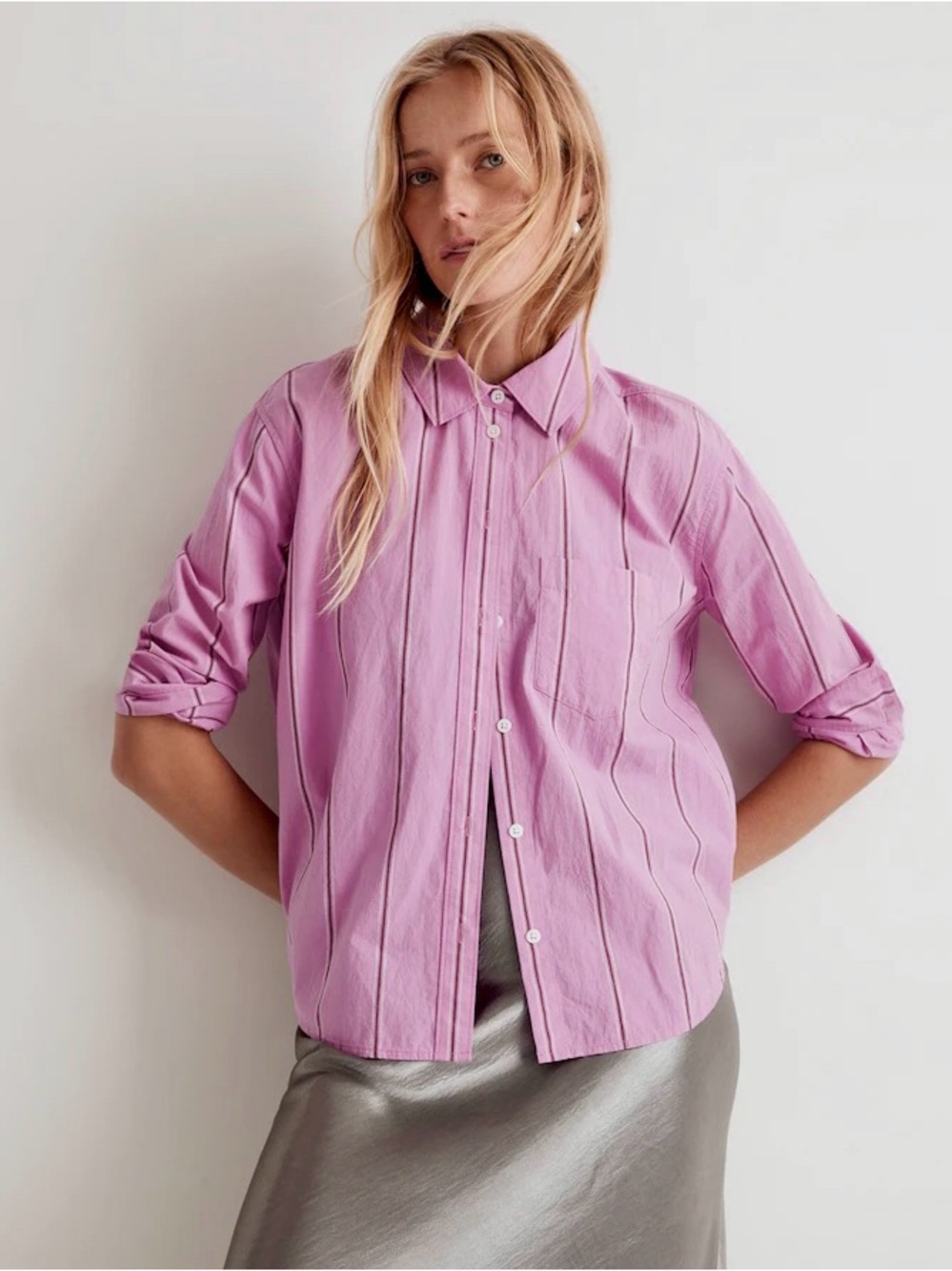 Madewell Pink Striped Boxy Poplin Button Up Shirt - Picture 5 of 6